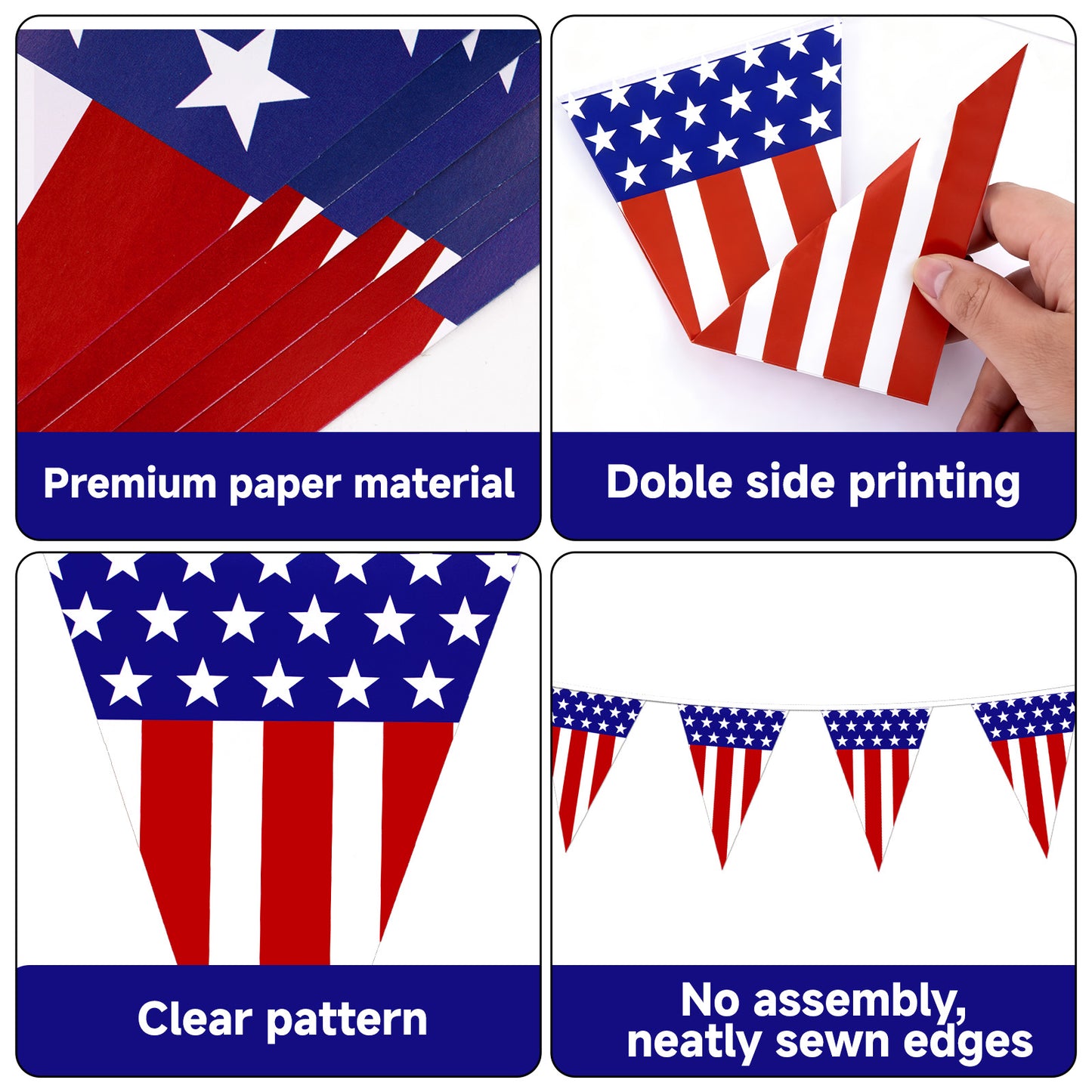 G2PLUS 4 Pack American Flag Pennant Banner, 35FT Pre-Strung Patriotic Triangle Flags, Double-Sided Red White Blue Bunting for 4th of July, Independence Day, Outdoor Party Decorations