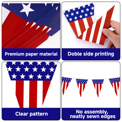 G2PLUS 4 Pack American Flag Pennant Banner, 35FT Pre-Strung Patriotic Triangle Flags, Double-Sided Red White Blue Bunting for 4th of July, Independence Day, Outdoor Party Decorations