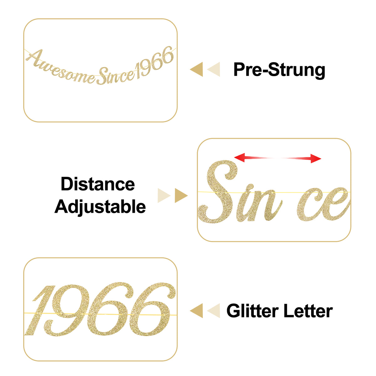 G2PLUS Pre-Strung 60th Birthday Banner, Glitter 60th Birthday Decorations Champagne Gold Happy 60th Birthday Banner, 3m Awesome Since 1966 Banner, 60th Birthday Party Decorations