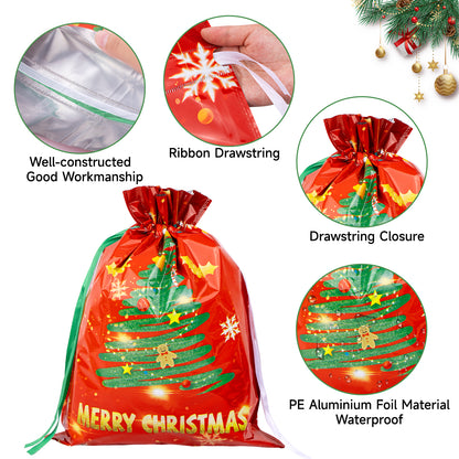 G2PLUS 20PCS Christmas Drawstring Gift Bags Assorted Sizes - 8 Designs Christmas Aluminum Foil Bags with Ribbon, Present Wrapping Pouches for Packages, Holidays, Birthday, Xmas Party Favors