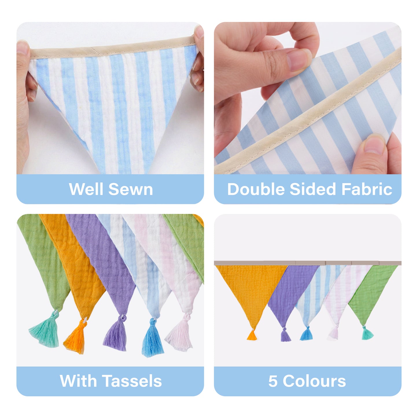 G2PLUS Pre-Strung Fabric Triangle Banner Garland, 8.5ft Double-Sided Cotton Bunting Flags, Reusable Pennant Banner with Tassels for Birthday, Party, Baby Shower, Nursery Decor - Macaron