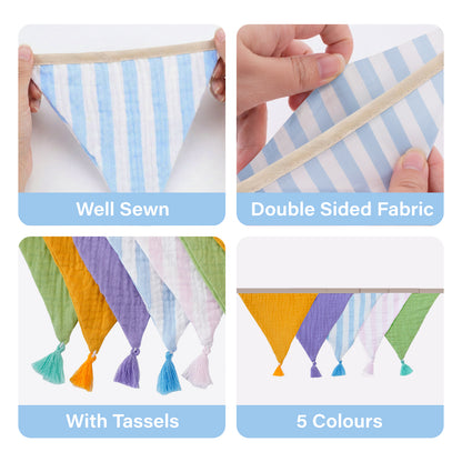 G2PLUS Pre-Strung Fabric Triangle Banner Garland, 8.5ft Double-Sided Cotton Bunting Flags, Reusable Pennant Banner with Tassels for Birthday, Party, Baby Shower, Nursery Decor - Macaron