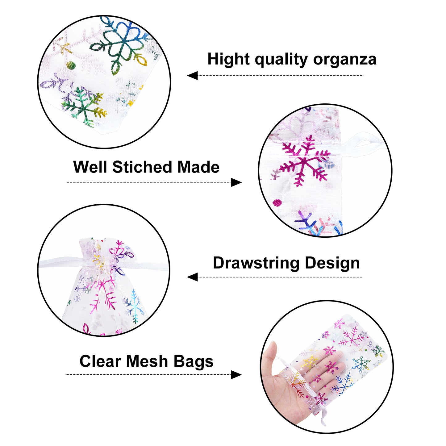 G2PLUS 50Pcs Christmas Drawstring Organza Bags 4x6 - Christmas Snowflake Organza Gift Bags, Colored Sheer Mesh Pouches, Xmas Winter Holiday Gift Wrap Pouches for Jewelry, Candy, Goodies