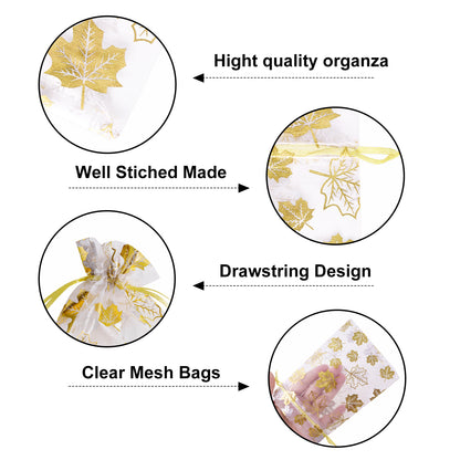G2PLUS 50Pcs Fall Organza Drawstring Bags 4x6 In - Thanksgiving Organza Bags, White Sheer Mesh Pouches, Gold Maple Leaves Candy Treat Bags for Wedding, Baby Shower, Autumn Holiday Party Favors