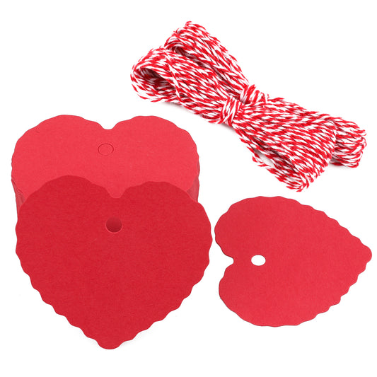 G2PLUS Heart Shaped Paper Gift Tags, 100 PCS Blank Favors Labels, 5.5x6 CM Paper Hang Tags with String for Wedding Party Supplies