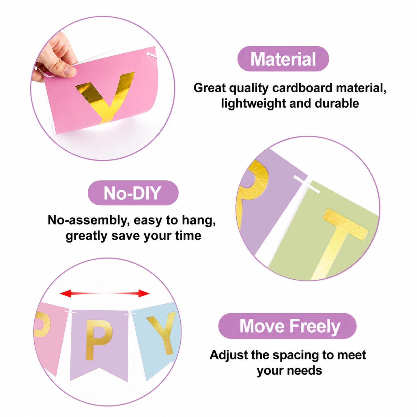 G2PLUS Pre-Strung Happy Birthday Banner Pastel and Gold: 16 x 20 cm Large No-DIY Birthday Banner for Boys Kids Birthday Party Decorations