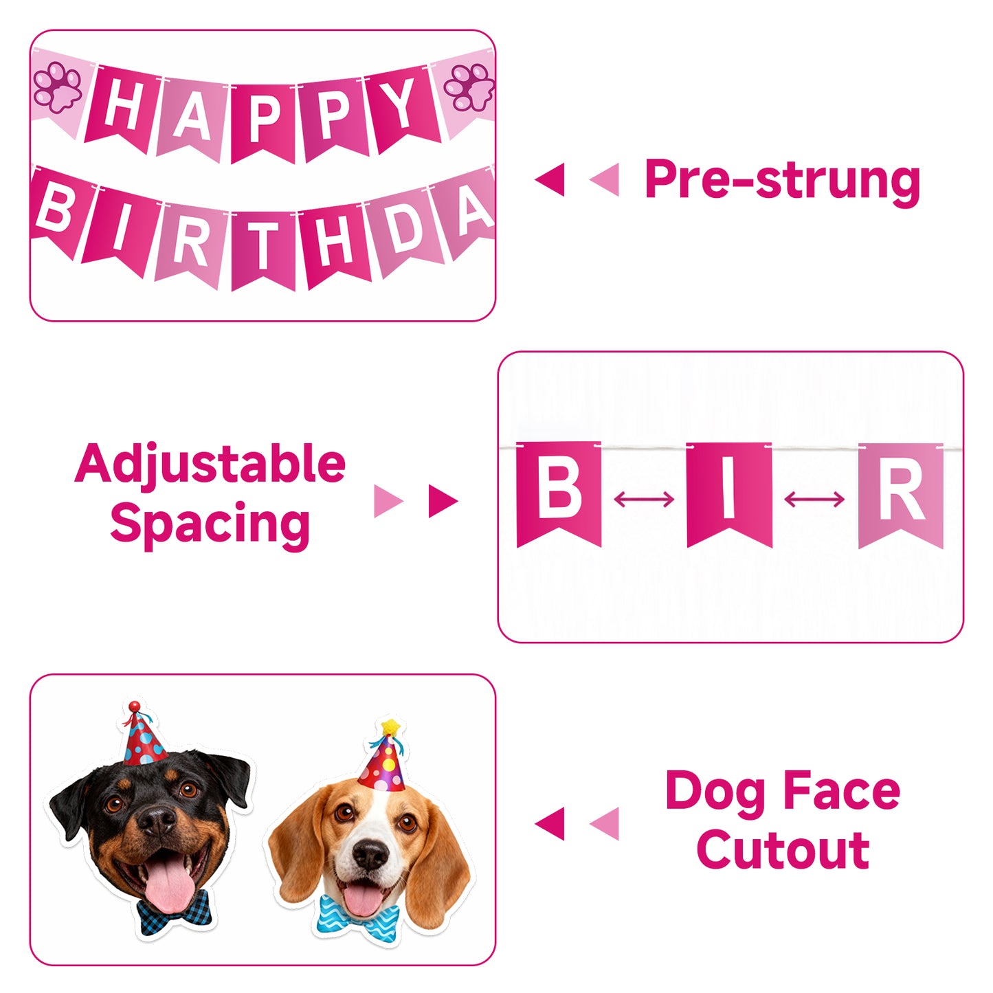 G2PLUS Pre-Strung Dog Birthday Decorations with 6PCS Hanging Swirl, Pink Dog Birthday Banner, Puppy Party Banner for Wall Backdrop Decoration