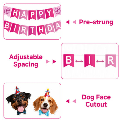 G2PLUS Pre-Strung Dog Birthday Decorations with 6PCS Hanging Swirl, Pink Dog Birthday Banner, Puppy Party Banner for Wall Backdrop Decoration