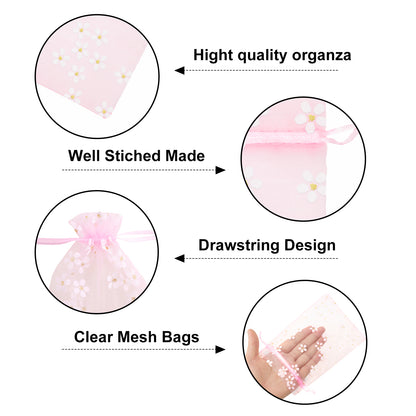 G2PLUS 30Pcs Pink Organza Bags - 4x6 In Sheer Mesh Jewelry Pouches, Daisy Drawstring Organza Bags for Wedding, Baby Shower, Party Favors, Christmas