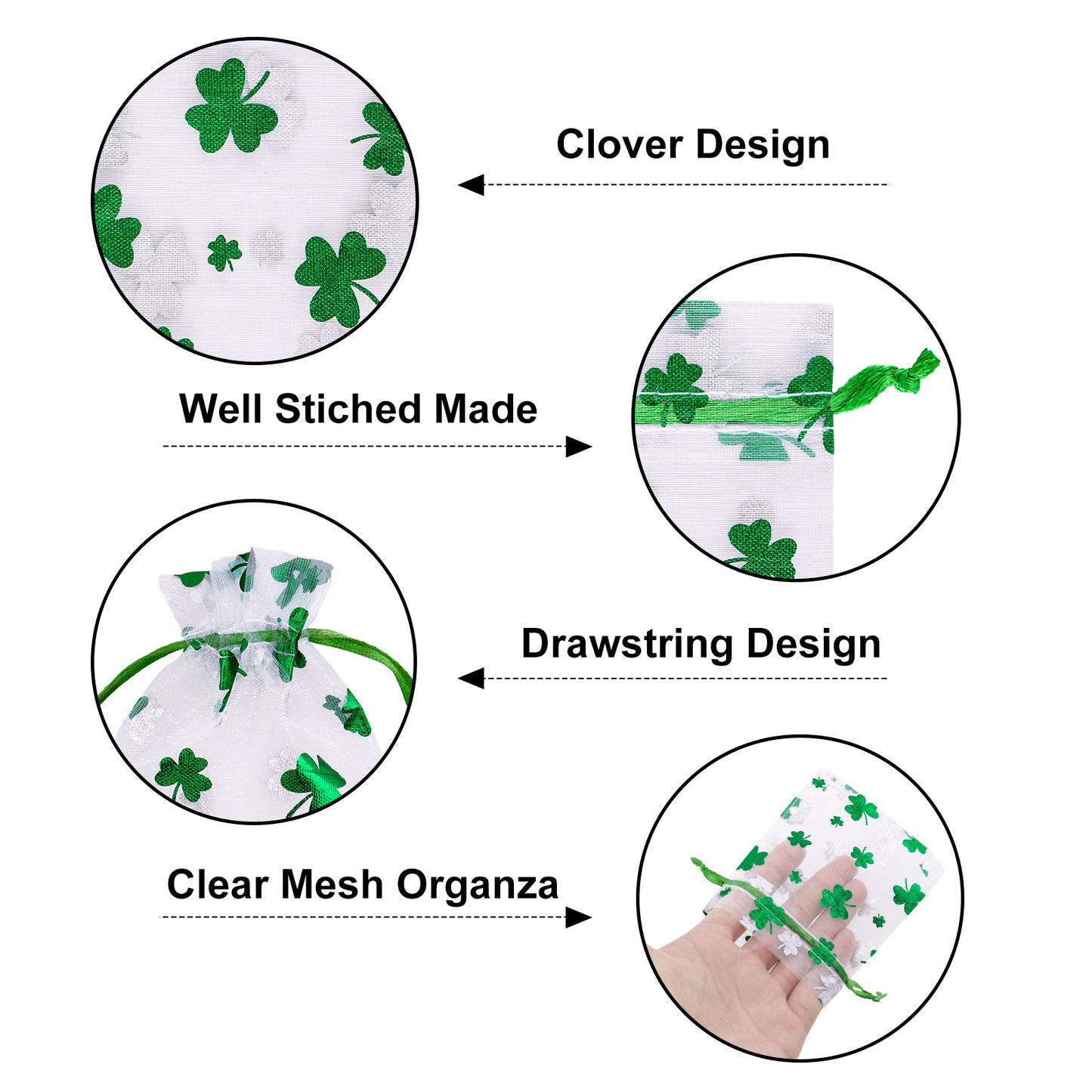 G2PLUS 50PCS St.Patrick's Day Gift Bags Organza 3x4in, Green Foil Shamrock Sheer Mesh Organza Pouches with Drawstring for St.Patrick's Day Party Favors, Candy Gift Bags & Wedding Favors