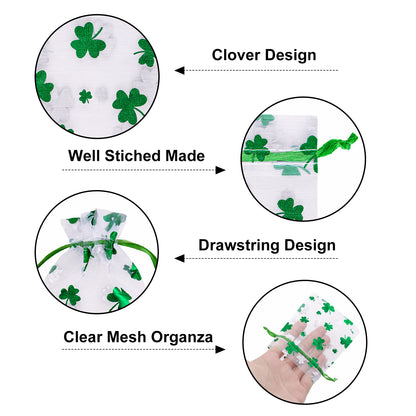 G2PLUS 50PCS St.Patrick's Day Gift Bags Organza 3x4in, Green Foil Shamrock Sheer Mesh Organza Pouches with Drawstring for St.Patrick's Day Party Favors, Candy Gift Bags & Wedding Favors