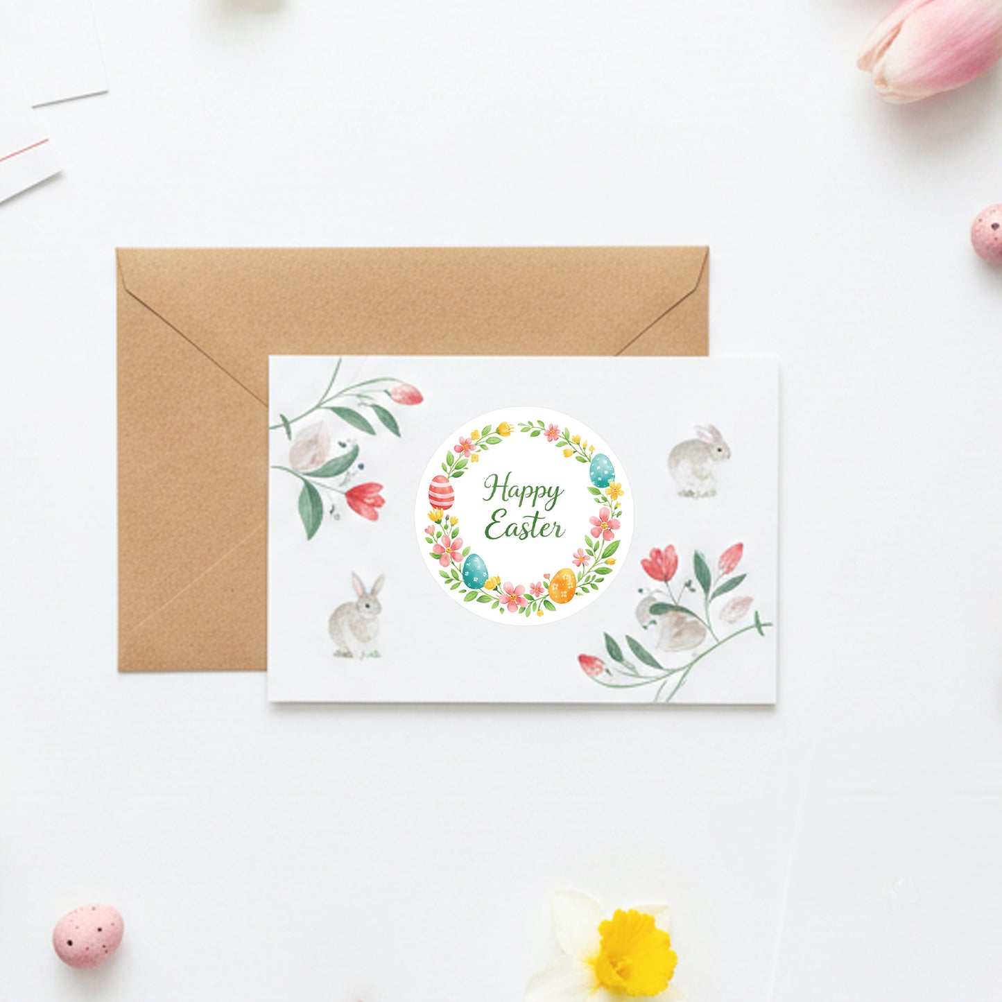 G2PLUS Happy Easter Stickers - 60Pcs Easter Eggs Labels for Baskets 2 Inch Round Watercolors Flower Wreath Sticker for Goddies Bags, Cards, Envelope Seals, Party Supplies - G2Plus