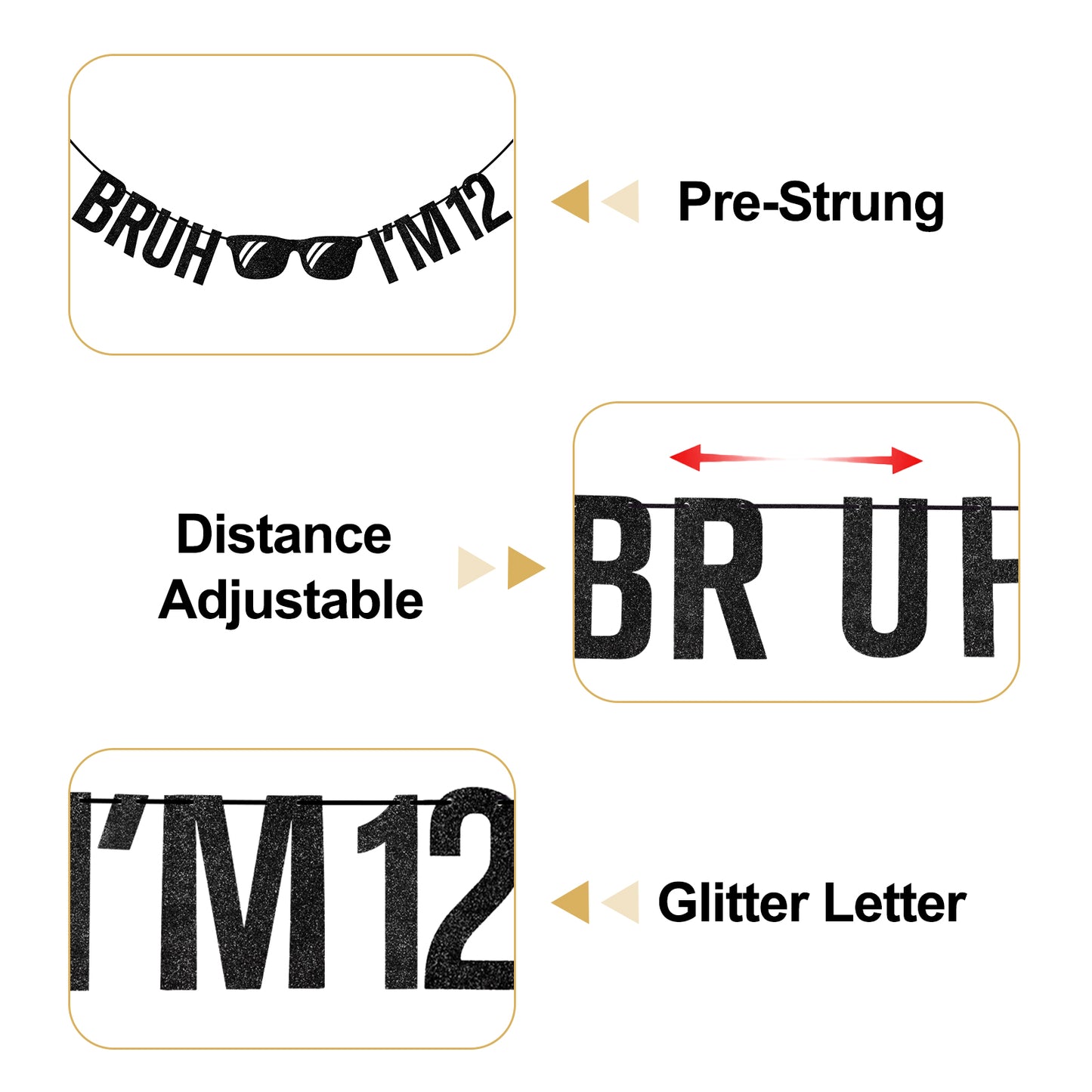 G2PLUS Pre-Strung 12th Birthday Banner, Glitter 12th Birthday Decorations Black Happy 12th Birthday Banner, 3m Bruh I'm 12 Banner, 12th Birthday Party Decorations for Boys