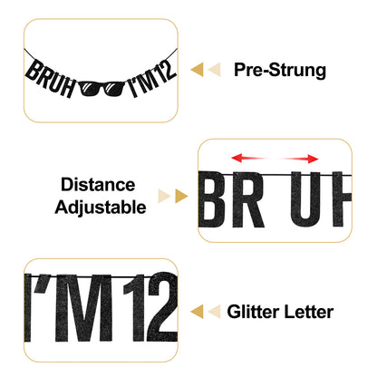 G2PLUS Pre-Strung 12th Birthday Banner, Glitter 12th Birthday Decorations Black Happy 12th Birthday Banner, 3m Bruh I'm 12 Banner, 12th Birthday Party Decorations for Boys