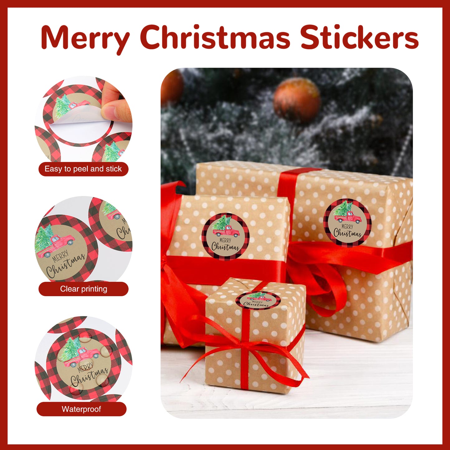 G2PLUS Merry Christmas Stickers, 120PCS Christmas Truck Stickers, 2'' Round Christmas Gift Stickers, Red Black Buffalo Plaid Christmas Stickers, Xmas Tree Gift Stickers for Cards and Envelope Seals