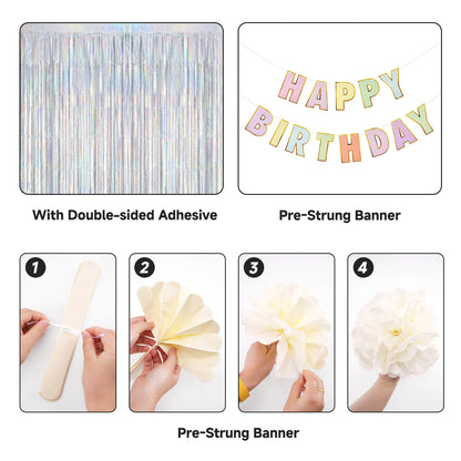 G2PLUS Pastel Birthday Decorations Set, Birthday Party Backdrop Decorations Pastel Happy Birthday Banner with 2PCS Silver Tinsel Curtains and 6PCS Paper Pom Poms for Kids and Family Parties