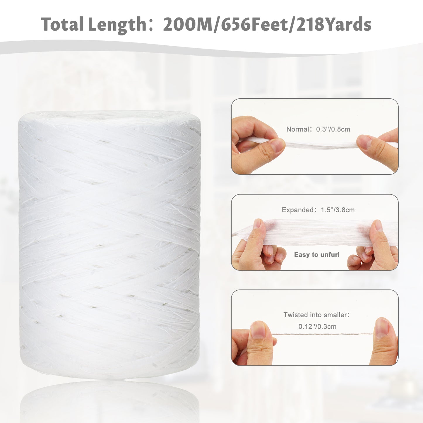 G2PLUS 218 Yards Raffia Paper Craft Ribbon, 1/4 Inch Wide Raffia Ribbon for Gift Wrapping, White Raffia Ribbon Packing Twine String for DIY Arts & Crafts, Crochet Supplies, Christmas Holiday Decor