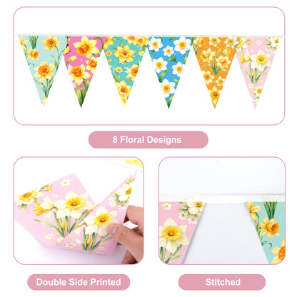 G2PLUS Floral Triangle Banner, 39Ft Pre-Strung Wildflower Paper Bunting Garland, Double Sided Pennant Banner for Tea Party, Birthday, Baby Shower, Garden, Spring Party Decorations (Yellow Narcissus)