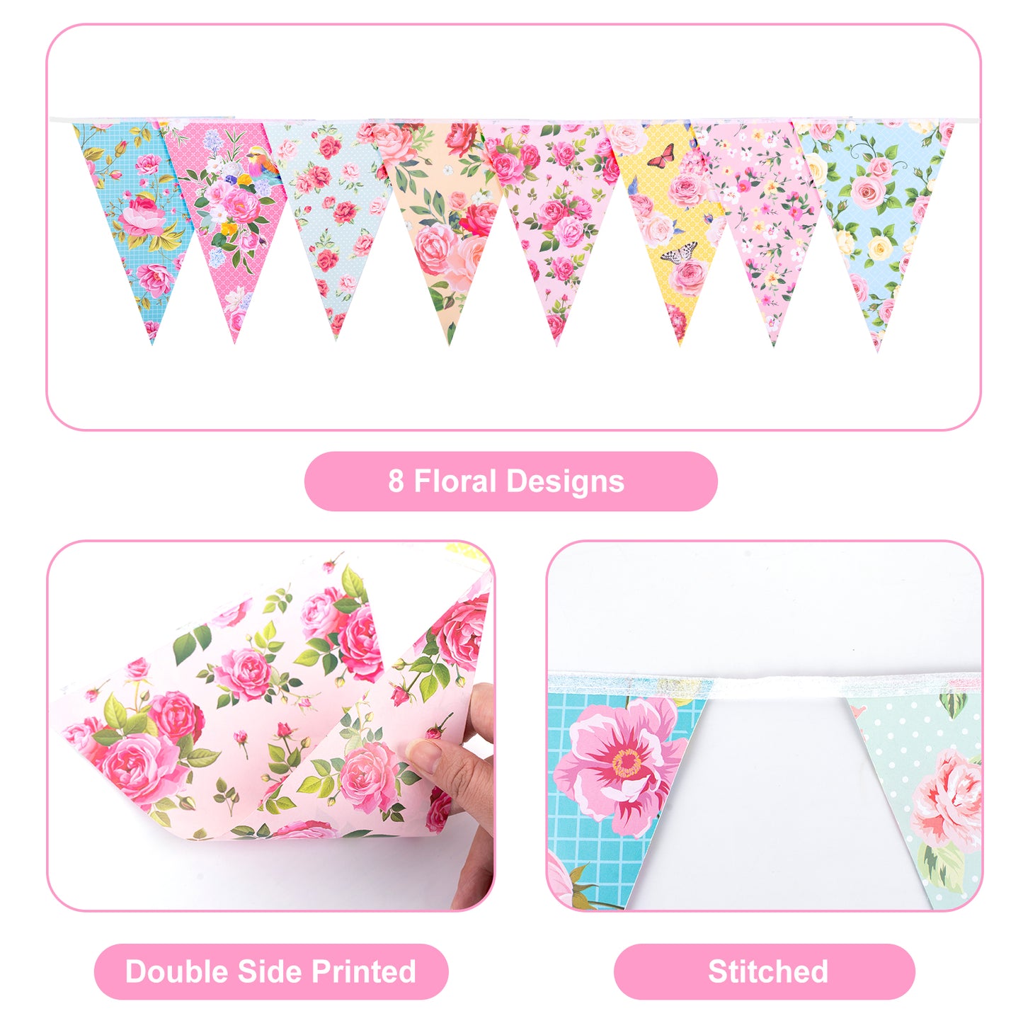 G2PLUS Floral Tea Party Banner, 39Ft Pre-Strung Flower Bunting Garland, Double Sided Paper Pennant Banner Garland for Birthday, Baby Shower, Bridal Shower, Garden, Spring Party Decor (Pink)