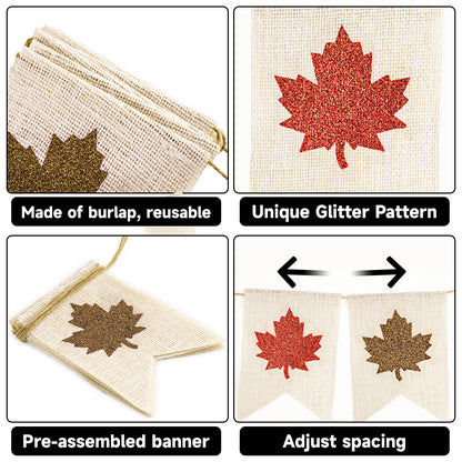 G2PLUS Glitter Maple Leaf Burlap Banner – 9.8Ft Fall Bunting Garland, Pre-Strung Rustic Hanging Banner Flag for Thanksgiving Decor, Harvest Festival and Fall Wedding
