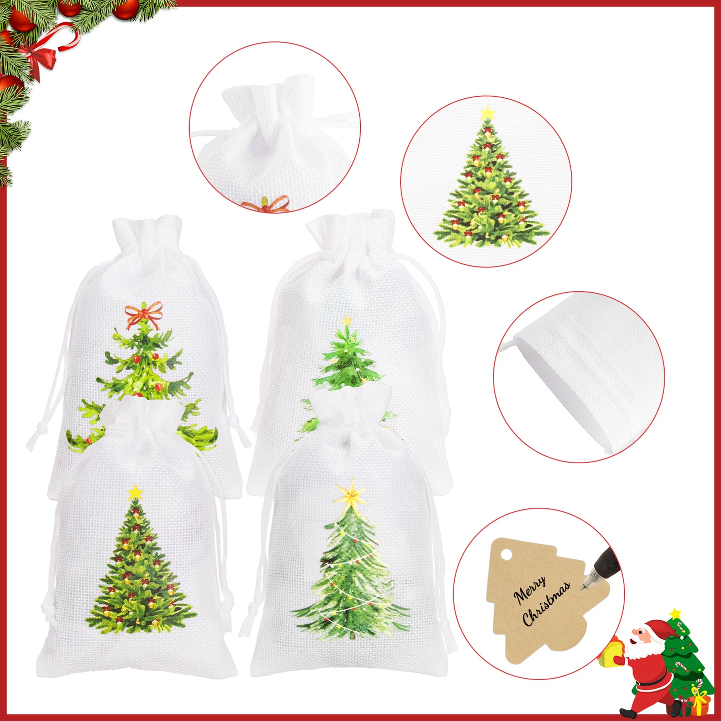 G2PLUS 24Pcs Christmas Drawstring Burlap Gift Bags - 4X6 In Christmas Advent Calendar Bags, 4 Design Xmas Tree Burlap Bag, White Treat Goody Bag for Xmas Holiday Party Favors