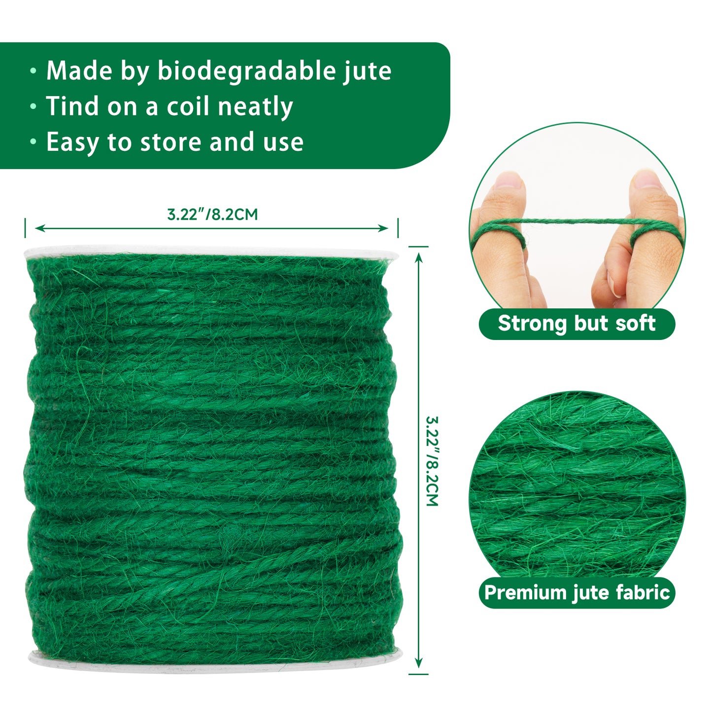G2PLUS Natural Jute Twine String, 3mm Jute Garden Twine, 328 Feet Jute Twine String for Crafts, 3 Ply Hemp Twine Rope for Gift Wrapping and Climbing Plants, Arts, Decoration Packing String（Green）