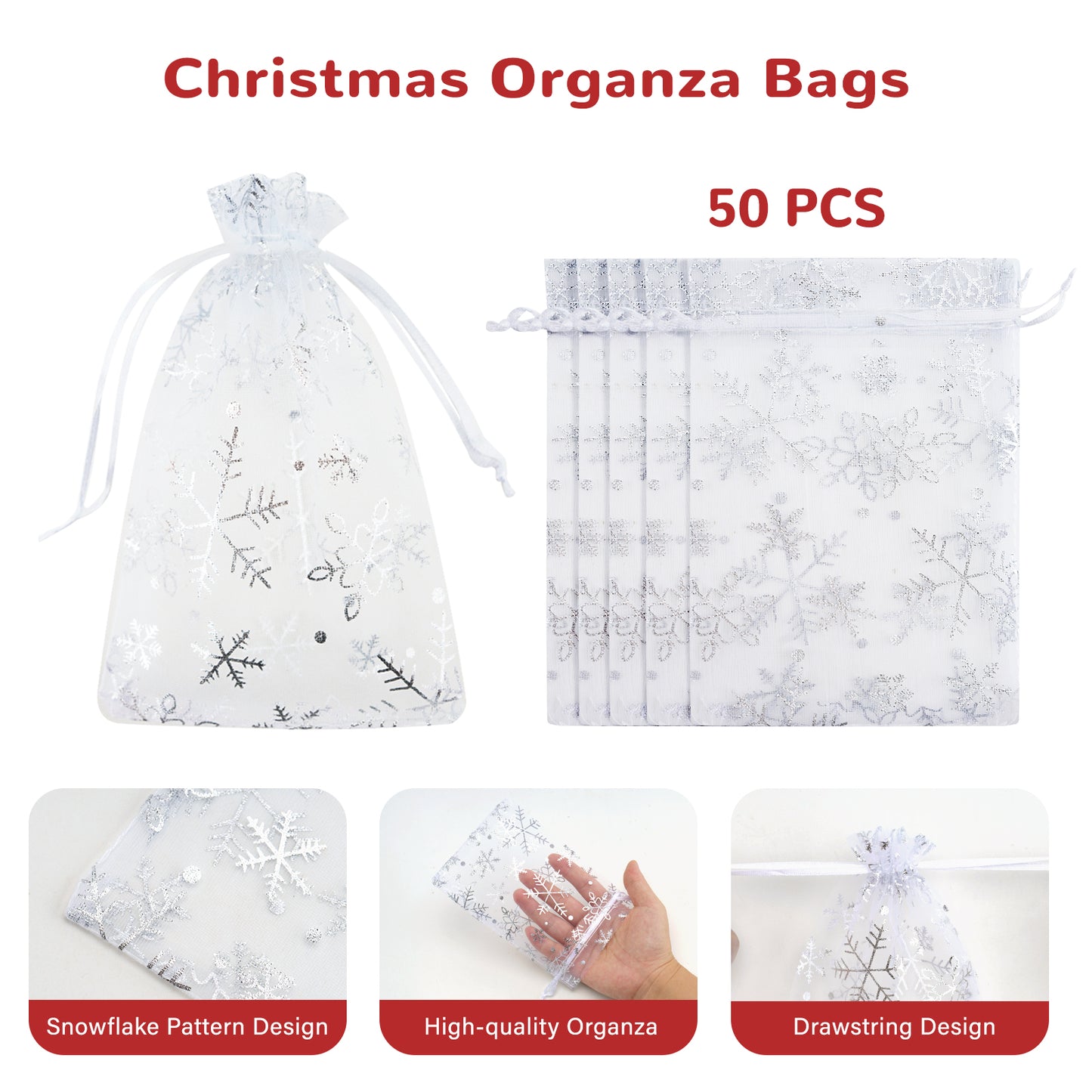 G2PLUS Christmas Drawstring Organza Bags, 50PCS Snowflake Organza Gift Bags, White Christmas Organza Bags 4x6, Mesh Sheer Organza Pouches, Xmas Winter Holiday Organza Bags for Jewelry, Candy, Goodies
