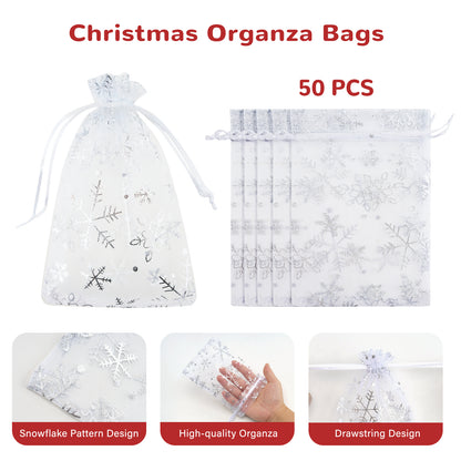 G2PLUS Christmas Drawstring Organza Bags, 50PCS Snowflake Organza Gift Bags, White Christmas Organza Bags 4x6, Mesh Sheer Organza Pouches, Xmas Winter Holiday Organza Bags for Jewelry, Candy, Goodies
