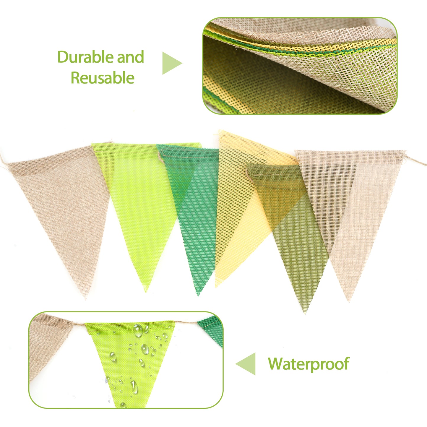 G2PLUS Pre-Strung Burlap Pennant Banner, 65Ft Green and Yellow Triangle Flag Bunting, 60pcs Pennant Banner Bunting Garland for Birthday, Wedding, Camping, Rustic Boho Theme Party Decorations
