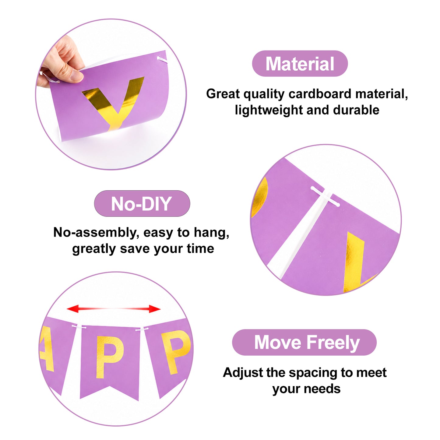 G2PLUS Pre-Strung Happy Birthday Banner Purple and Gold: 16 x 20 cm Large No-DIY Birthday Banner for Women Mom Birthday Party Decorations
