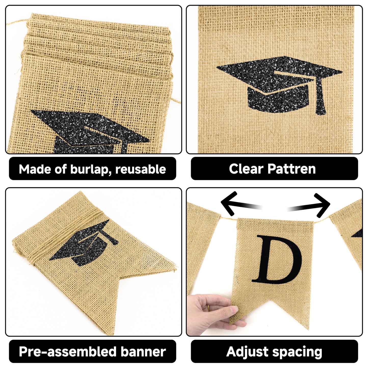 G2PLUS Congrats Grad Banner,Pre-strung Graduation Party Decorations Banner for School, Rustic Graduation Burlap Garland for College, Photo Backdrop, Indoor Outdoor Celebration