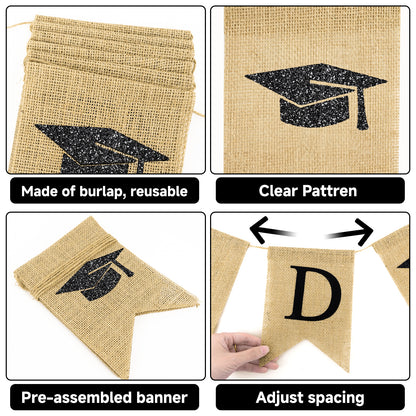 G2PLUS Congrats Grad Banner,Pre-strung Graduation Party Decorations Banner for School, Rustic Graduation Burlap Garland for College, Photo Backdrop, Indoor Outdoor Celebration