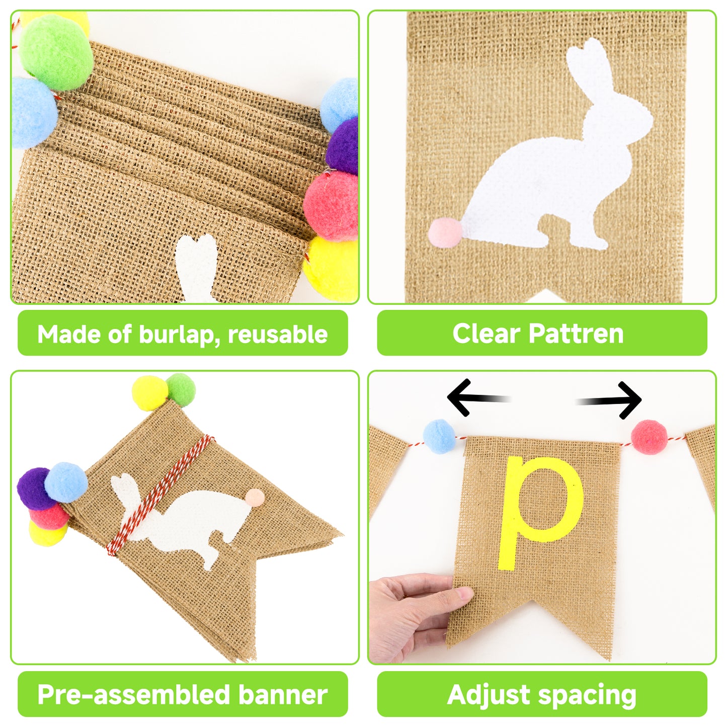G2PLUS Happy Easter Burlap Banner, Pre-strung Colorful Easter Bunny Garland with Pompom Ball, Rustic Farmhouse Easter Bunting Banner for Home, Mantel, Fireplace, Party & Spring Dec