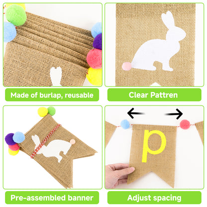 G2PLUS Happy Easter Burlap Banner, Pre-strung Colorful Easter Bunny Garland with Pompom Ball, Rustic Farmhouse Easter Bunting Banner for Home, Mantel, Fireplace, Party & Spring Dec