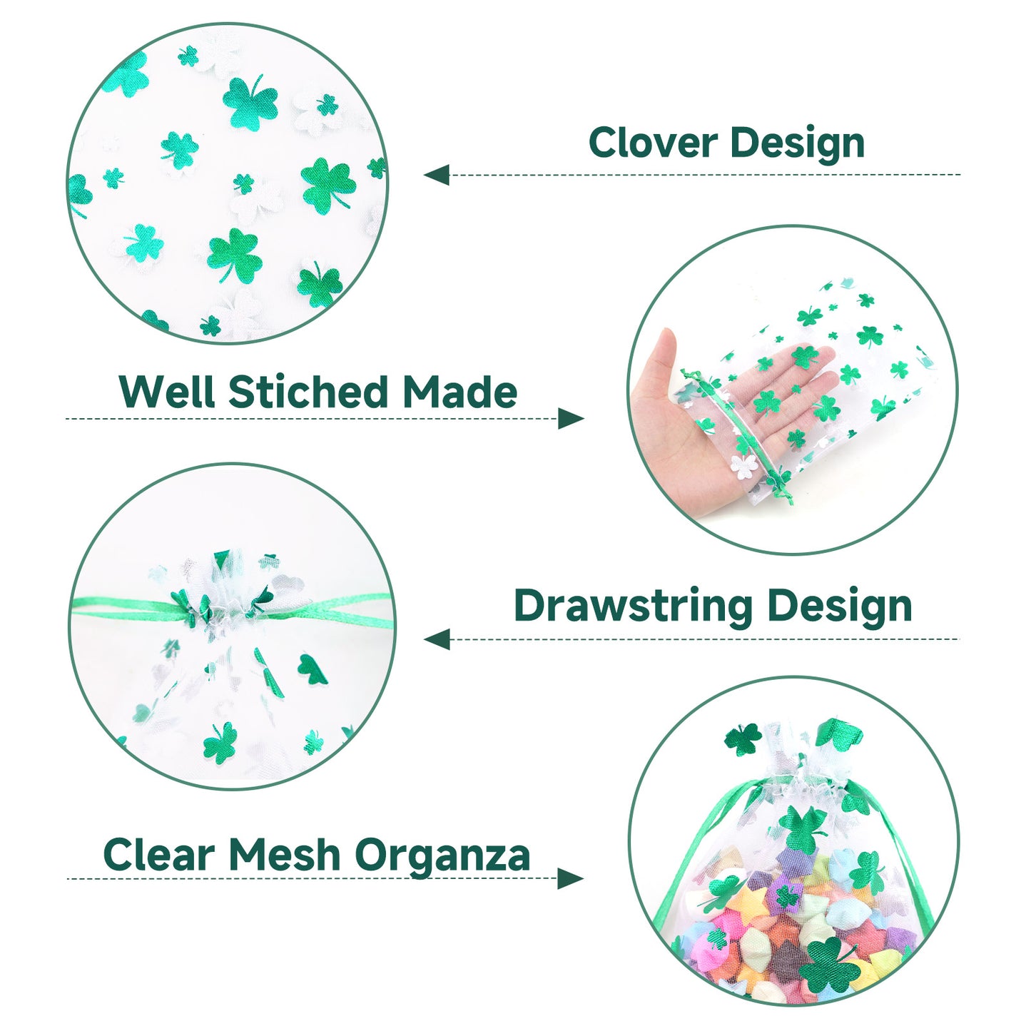 G2PLUS 50PCS St.Patrick's Day Gift Bags Organza 4x6in, Green Foil Shamrock Sheer Mesh Organza Pouches with Drawstring for St.Patrick's Day Party Favors, Candy Gift Bags & Wedding Favors