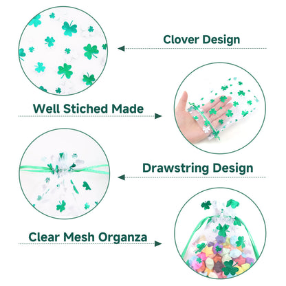 G2PLUS 50PCS St.Patrick's Day Gift Bags Organza 4x6in, Green Foil Shamrock Sheer Mesh Organza Pouches with Drawstring for St.Patrick's Day Party Favors, Candy Gift Bags & Wedding Favors