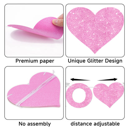 G2PLUS Valentines Day Banner, Glitter Pink Sliver Heart Party Banner, Pre-strung XOXO Paper Bunting Flag Garlands for Valentine’s Day, Anniversary, Birthday, Wedding, Bridal Shower & Photo Backdrop