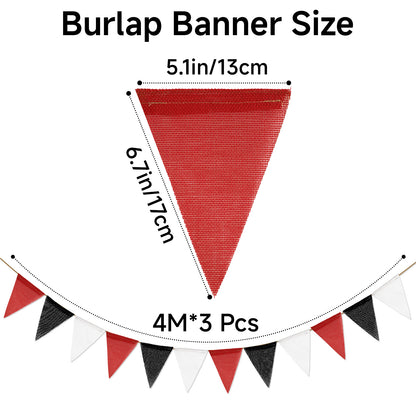 G2PLUS Pre-Strung Burlap Pennant Banner, 39Ft Black Red White Triangle Flag Bunting, Waterproof Reusable Pennant Banner Bunting Garland for Graduation Party, Sports Theme, Indoor Outdoor Decorations