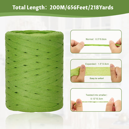 G2PLUS 218 Yards Raffia Paper Craft Ribbon, 1/4 Inch Wide Raffia Ribbon for Gift Wrapping, Green Raffia Ribbon Packing Twine String for DIY Arts & Crafts, Crochet Supplies, Christmas Holiday Decor