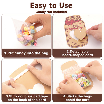 G2PLUS Valentines Day Cards, 50Pack Happy Valentine’s Day Mason Jar Cards with Treat Bags, Heart Cutout Blank Card for Classroom Valentines, Kids Exchange Cards & Valentine Party Favors