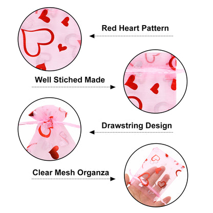 G2PLUS 50PCS Valentines Gift Bags Organza 3x4in, Pink Foil Heart Sheer Mesh Organza Pouches with Drawstring for Valentines Day Party Favors, Candy Gift Bags & Wedding Favors