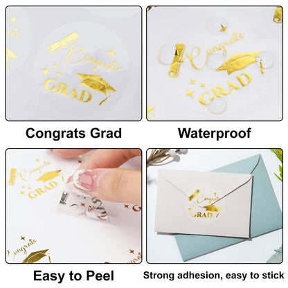 G2PLUS Graduation Stickers, 120PCS Congrats Grad Stickers, 1.6in Gold Foil Graduation Cap Stickers, Transparent Graduation Envelope Seal Sticker for Graduation Invitation and Grad Party Favors