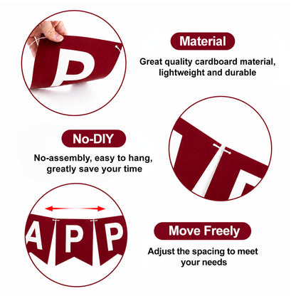G2PLUS Pre-Strung Happy Birthday Banner Burgundy and White: 16 x 20 cm Large No-DIY Classic Birthday Banner for Elegant, Grown-up, Christmas Birthday Party Decorations
