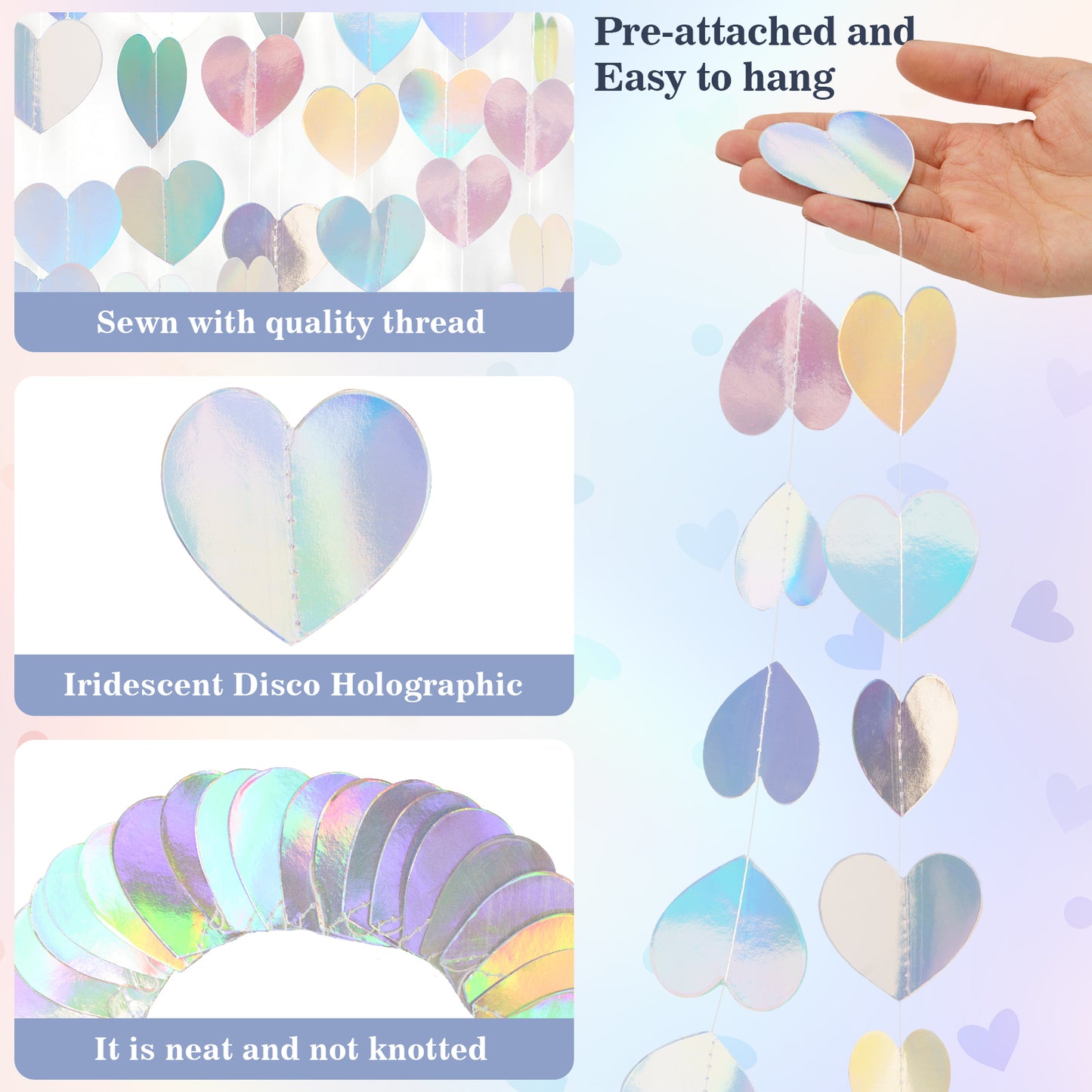 G2PLUS Iridescent Silver Heart Garlands: 12m Holographic Hanging Paper Streamers, Iridescent Party Decorations for Engagement, Wedding, Anniversary, Valentine's Day