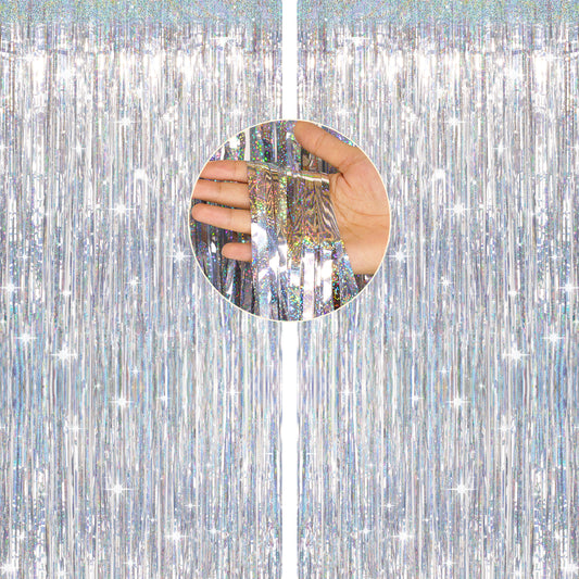 G2PLUS Silver Glitter Tinsel Foil Curtains, 2PCS Metallic Tinsel Foil Fringe Streamers, 1m×2.5m Foil Party Backdrop Foil Curtain for Birthday Wedding Anniversary Disco Prom Decoration