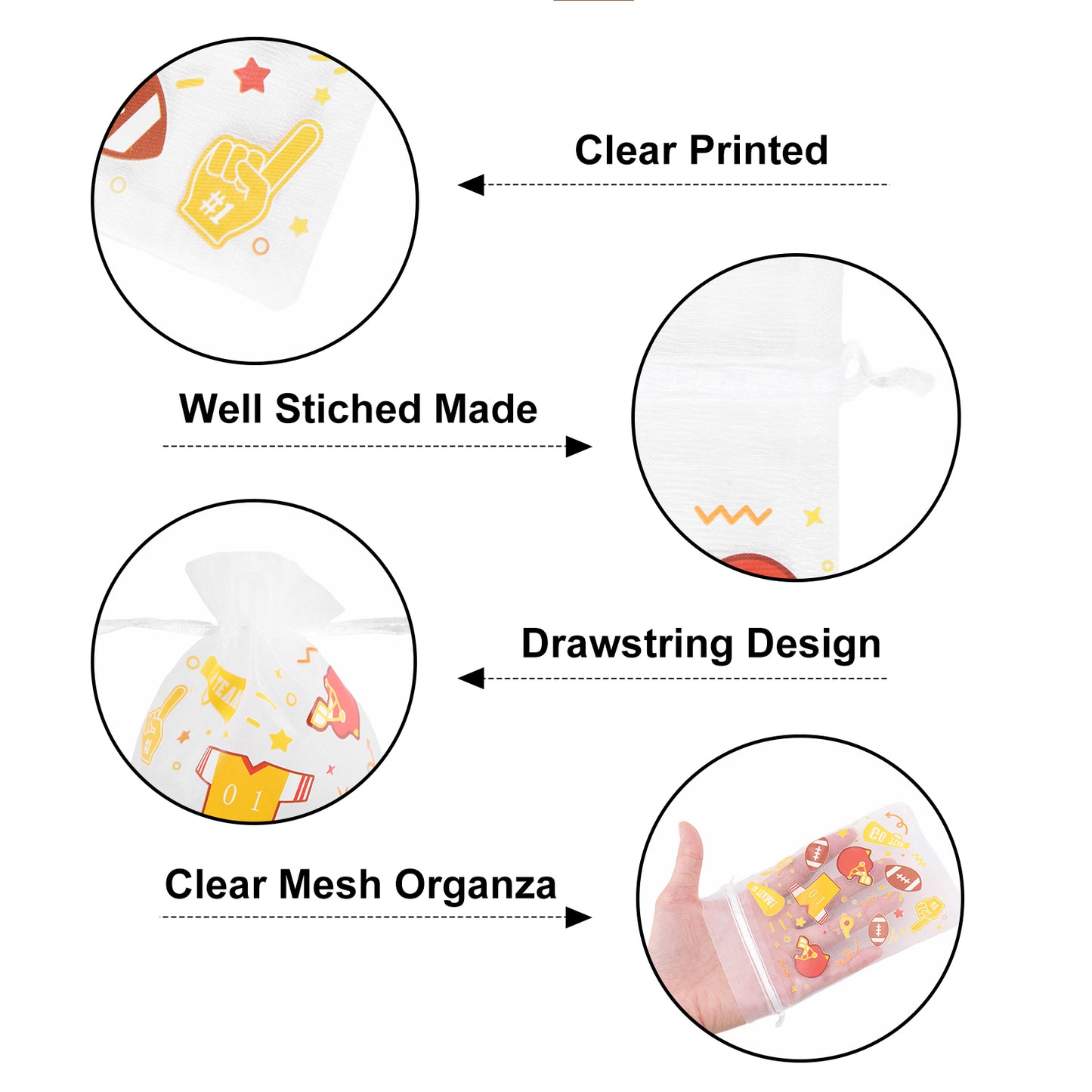 G2PLUS 30PCS Sports Theme Organza Bags 4x6, Sheer Mesh Drawstring Pouches for Football Party Favors, Game Day Party Treat Bags for Kids Birthday & Team Gifts