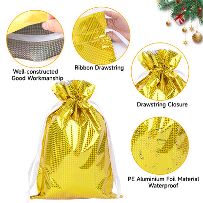 G2PLUS 20PCS Christmas Drawstring Gift Bags Assorted Sizes - 4 Designs Aluminum Foil Christmas Bags with Ribbon, Present Wrapping Pouches for Packages, Holidays, Birthday Party