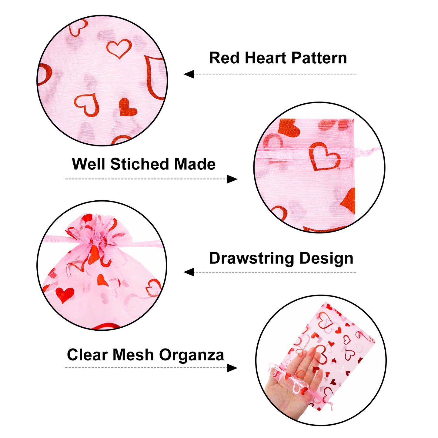 G2PLUS 50PCS Valentines Gift Bags Organza 5x7in, Pink Foil Heart Sheer Mesh Organza Pouches with Drawstring for Valentines Day Party Favors, Candy Gift Bags & Wedding Favors