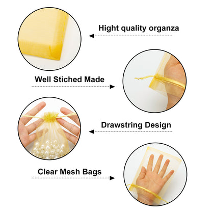 G2PLUS 25PCS Gold Organza Bags 5x7 inches, Sheer Mesh Jewelry Pouches, Organza Gift Bags with Drawstring for Candy, Jewelry, Wedding Party Favors