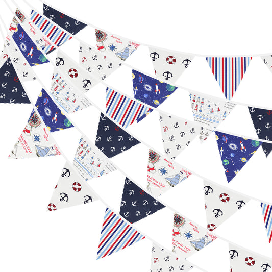 G2PLUS 12M Nautical Seaside Fabric Bunting,19x21CM Large Reusable Cotton Banners with 42PCS Nautical Pirate Pennants for Garden Baby Shower Kids Room Nursery -Blue and White